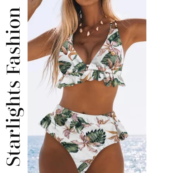 Ruffled Floral-Print Underwire High-Wasit Bikini Set - Green And White Flowers